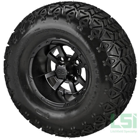 10X7 Matte Black Maltese Cross Wheel On 22X11-10 Trail Tire 10 Lifted Assembly