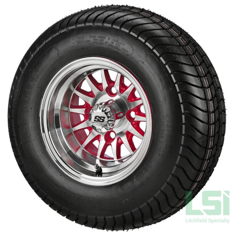 10X7 Red/machined 14-Spoke Wheel On 205/65-10 Lsi Elite Tire 10 Lifted Assembly