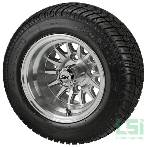 10X7 Silver/machined 14-Spoke Wheel On 205/50-10 Lsi Elite Tire 10 Low Profile Assembly