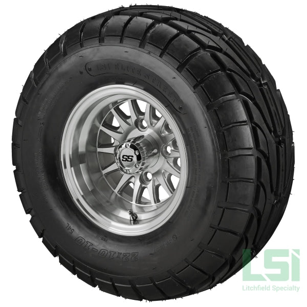 10X7 Silver/machined 14-Spoke Wheel On 22X10-10 Lsi Elite Street Tire 10 Lifted Assembly