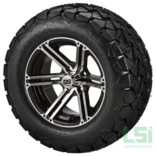 12X6 Machined & Black Yukon Wheel On 22X10.00-12 Trail Fox A/t Tire 12 Lifted Assembly