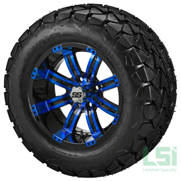 12X7 Black & Blue Casino Wheel On 22X10.00-12 Trail Fox A/t Tire 12 Lifted Assembly
