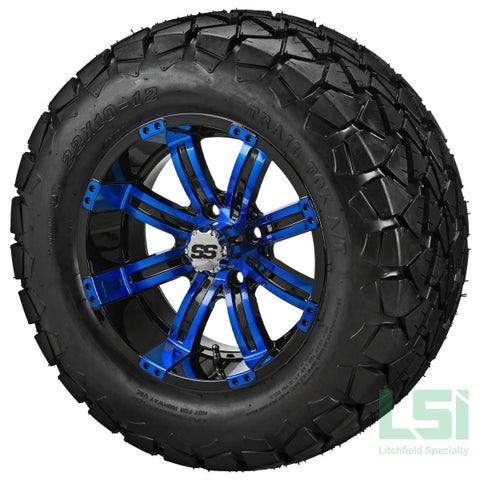 12X7 Black & Blue Casino Wheel On 22X10.00-12 Trail Fox A/t Tire 12 Lifted Assembly