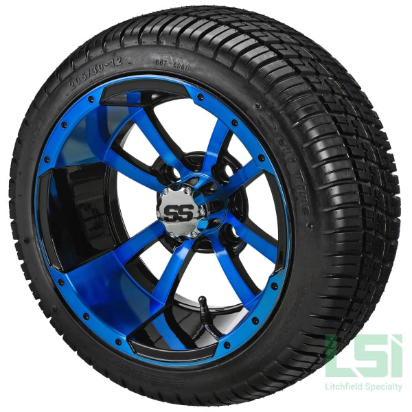 12X7 Black & Blue Maltese Cross Wheel On 205/30-12 Deli Tire 12 Low Profile Assembly