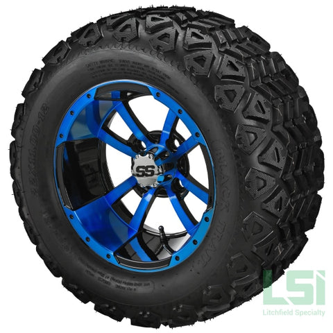 12X7 Black & Blue Maltese Cross Wheel On 20X10.00-12 Trail Tire 12 Lifted Assembly