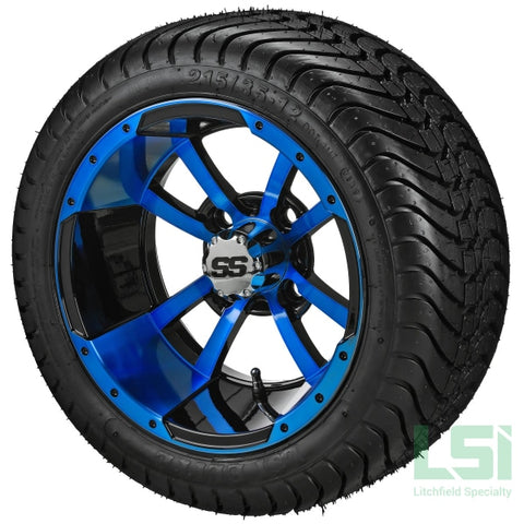 12X7 Black & Blue Maltese Cross Wheel On 215/35-12 Lsi Elite Tire 12 Low Profile Assembly
