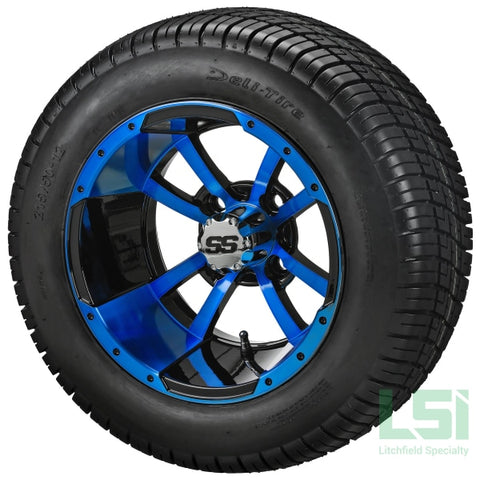 12X7 Black & Blue Maltese Cross Wheel On 215/50-12 Deli Tire 12 Low Profile Assembly