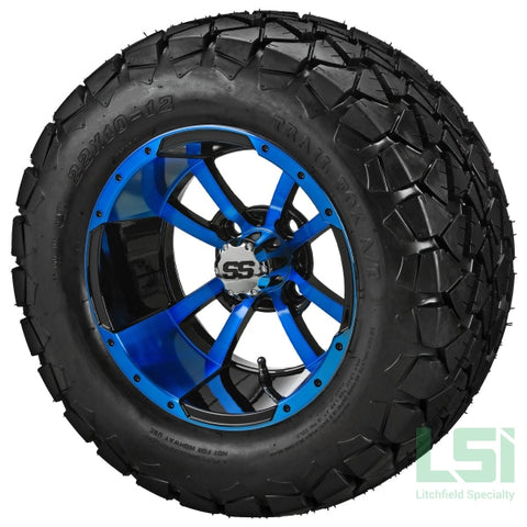 12X7 Black & Blue Maltese Cross Wheel On 22X10.00-12 Trail Fox A/t Tire 12 Lifted Assembly
