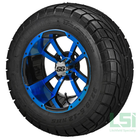 12X7 Black & Blue Maltese Cross Wheel On 22X9.50-12 Lsi Elite Street Tire 12 Lifted Assembly