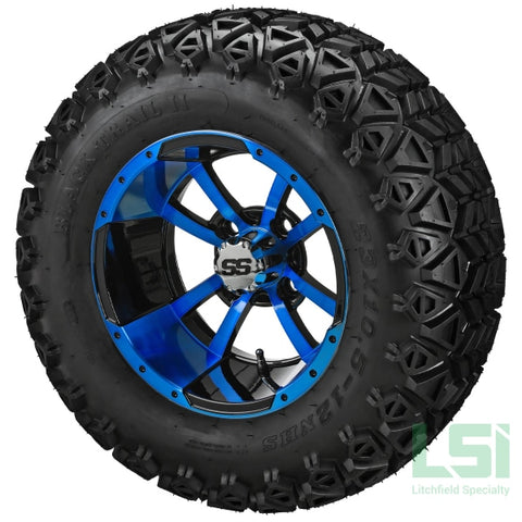 12X7 Black & Blue Maltese Cross Wheel On 23X10.50-12 Trail Tire 12 Lifted Assembly