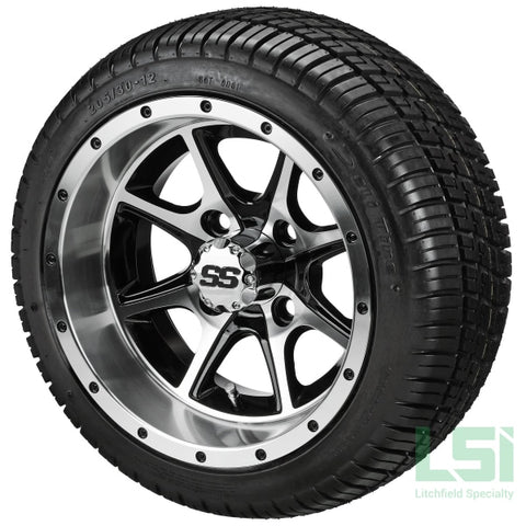 12X7 Black & Machined Azusa Wheel On 205/30-12 Deli Tire 12 Low Profile Assembly